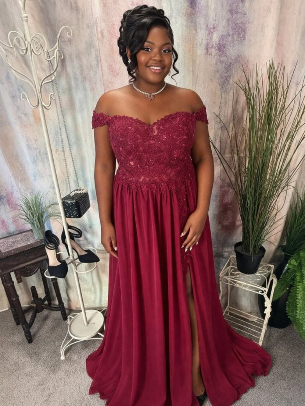 NEW📌JJs House Off the Shoulder Sweep Train Lace Sequins Chiffon Prom Ball Dress